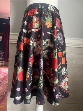 Frida-Inspired Folk Art Midi Skirt | Black Botanical Print | Statement Piece